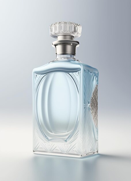 A high class bottle of glass perfume with light blue liquid Aromatic perfume bottle Beauty product