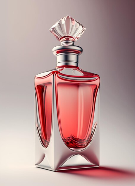 A high class bottle of glass perfume with light red liquid Aromatic perfume bottle Beauty product