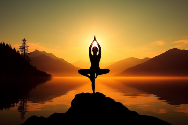 An high contrast fitness woman doing yoga at sunrise