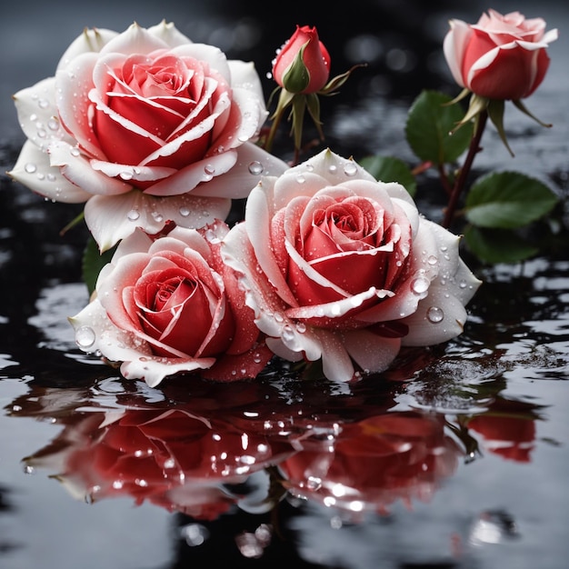 High contrast red and white rose with water droplets