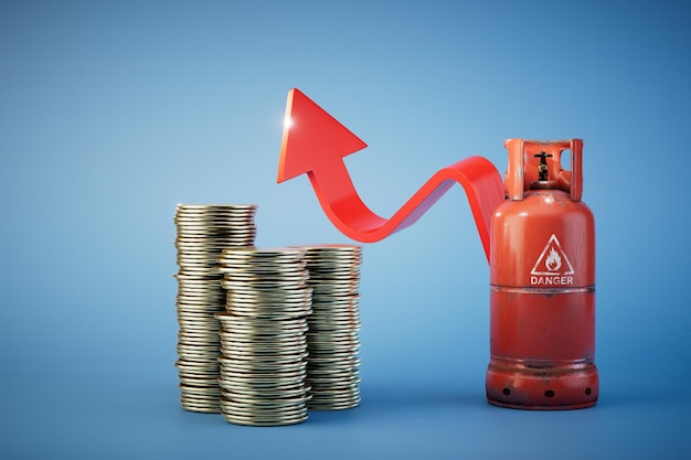 High cost of gas a gas cylinder stacks of dollar coins and an upward arrow on a blue background