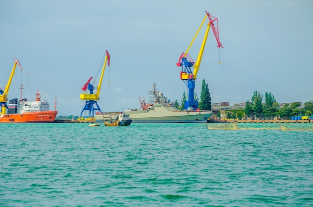 High cranes at the ship repair plant.