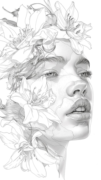 Photo high definition line drawing of a feminine face adorned with flowers on white background