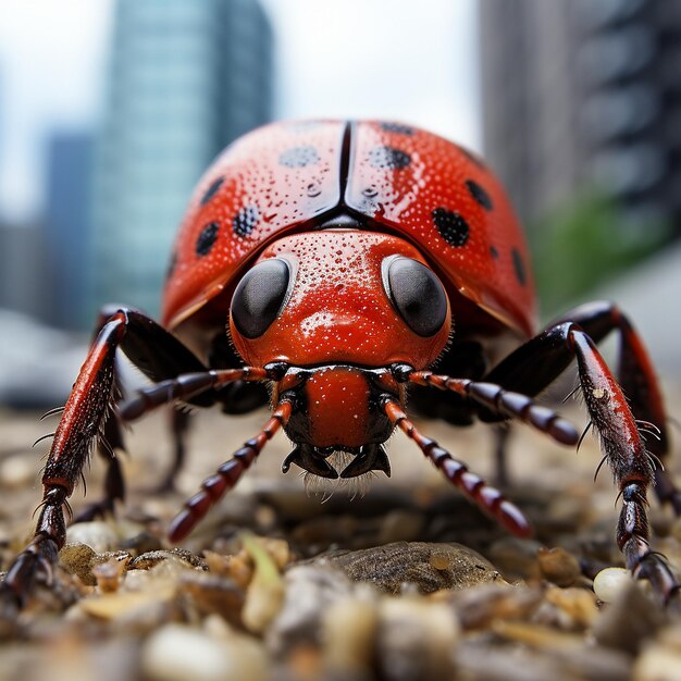 high definition macro photograph of red ladybug in a city