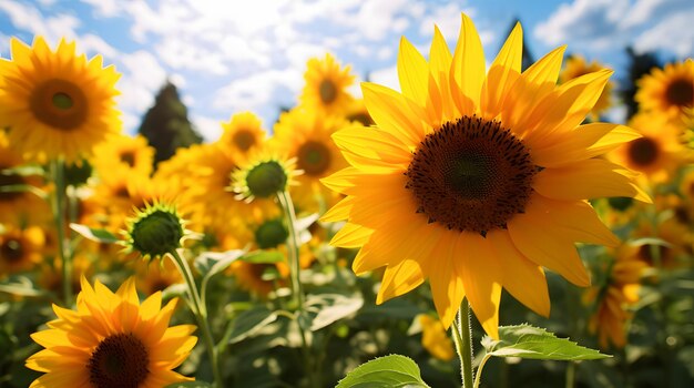 High definition view of a colorful blooming sunflower field