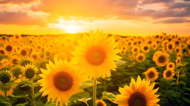 High definition view of a colorful blooming sunflower field