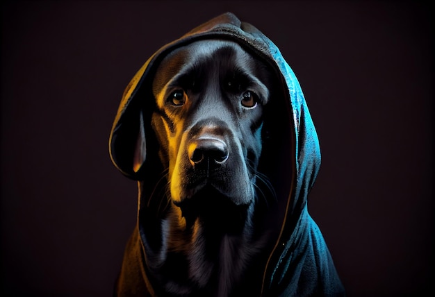 High detail close up portrait a black labrador in torn hoodie looking at the camera studio shot dark mode sad depth of field fashion neon glow backlight silhouette AI Generated