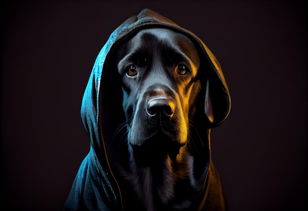 High detail close up portrait a black labrador in torn hoodie looking at the camera studio shot dark mode sad depth of field fashion neon glow backlight silhouette Generate Ai