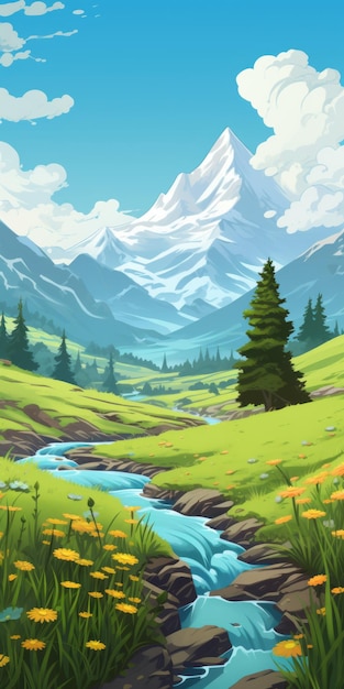 Высоко детальный мультфильмный ландшафтный фон в стиле Таня Шацева