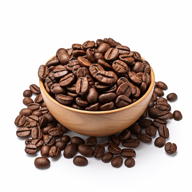 High Detailed Coffee Beans In Wooden Bowl On White Background