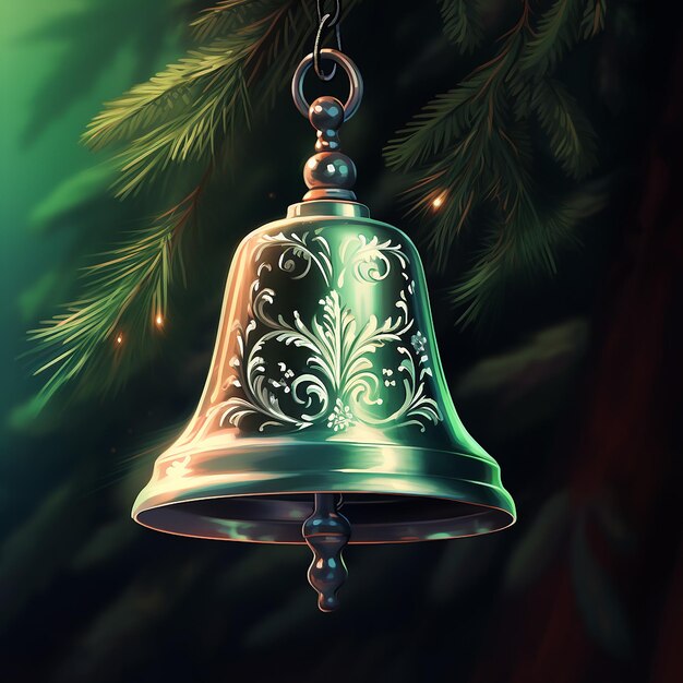 Foto illustrazione dettagliata di una fantastica campana d'argento con foglie di foglio verde luci di sensazione natalizia