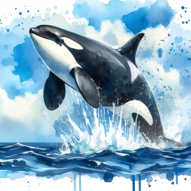 High detailed photo of a killer whale breaching out of water ai generative