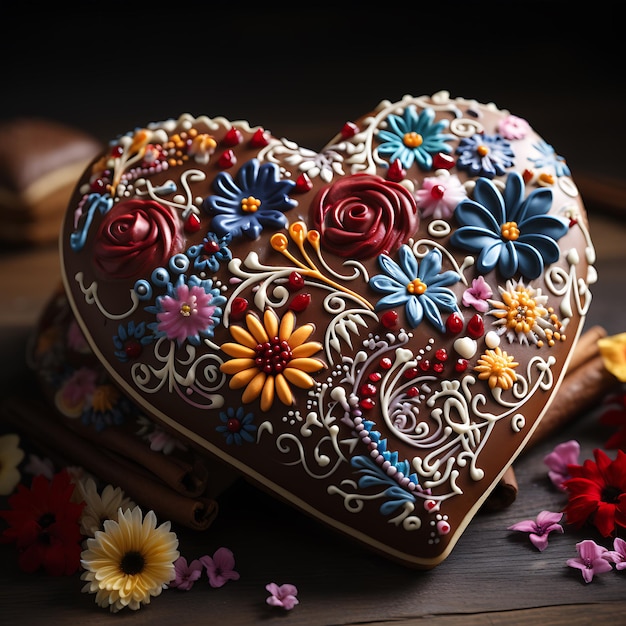 High detailed photo of a traditional Bavarian gingerbread heart colorful