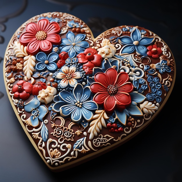 High detailed photo of a traditional Bavarian gingerbread heart colorful