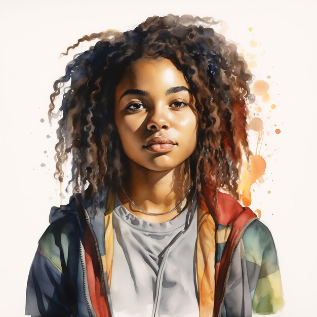 a high detailed water color portrait of a young black woman strong colors 4k