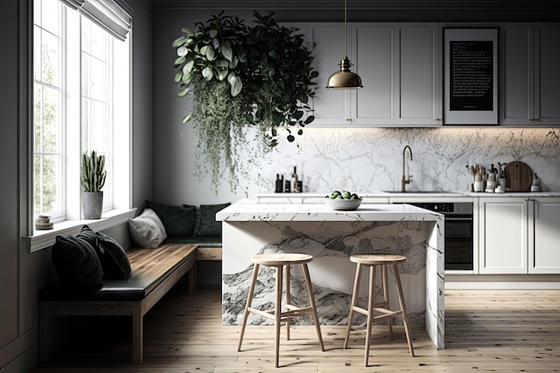 High end marble island bench in a sleek modern and rustic Scandinavian kitchen Premium AI generated image