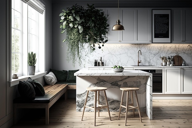 High end marble island bench in a sleek modern and rustic Scandinavian kitchen