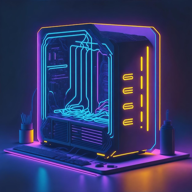high end pc illustration neon lights isolated in dark background