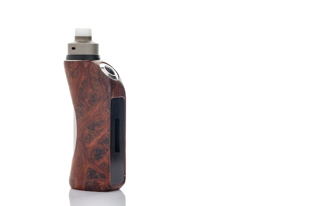 High end rebuildable dripping atomizer with stabilized redwood burl regulated box mods isolated on a white texture background, vaping device