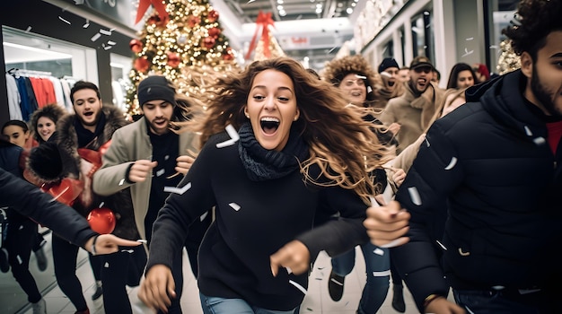 A high energy image of a group of people running into a store for Black Friday sales