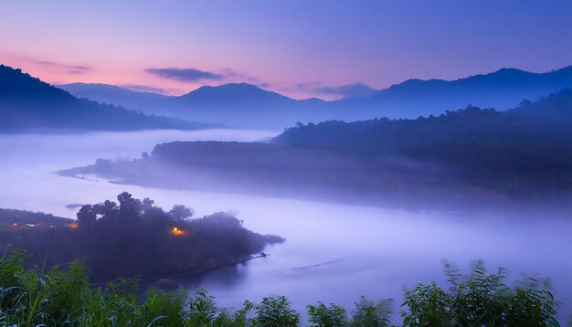 Photo high exposure nature landscape misty river and mountains at twilight