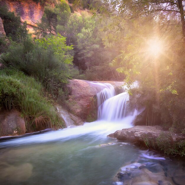 high exposure nature landscape waterfall lit by a colorful light