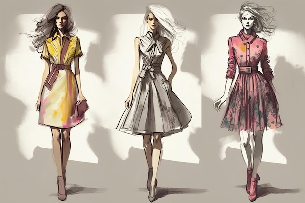 High fashion and clothing style set of summer women's dress on models sketch illustration Generative AI