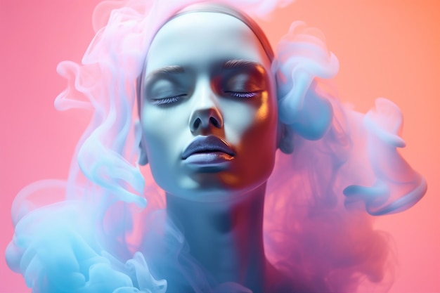 Foto high fashion etalagepop hoofd generatieve ai vrouw pop porselein huid ogen gesloten bedekt met kleurrijke mist rook