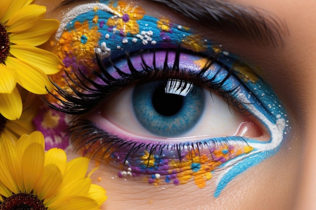 High fashion eye makeup with flowers Beautiful holiday makeup close up Generative AI illustration