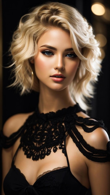 Foto look di alta moda glamour, primo piano, ritratto della bellissima ed elegante modella caucasica giovane donna bionda
