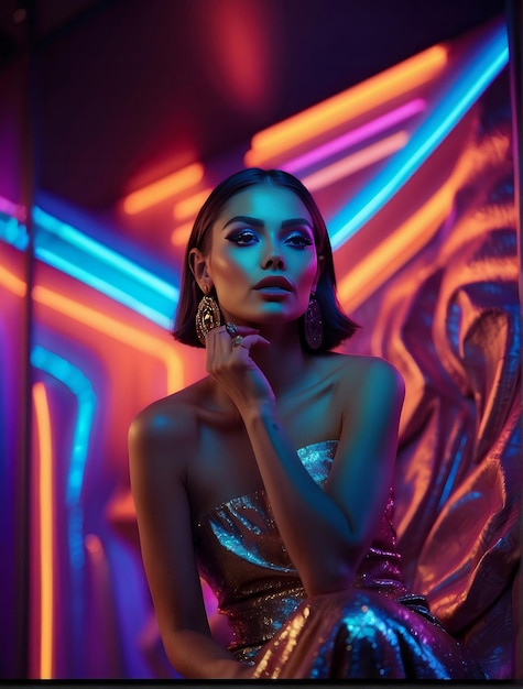 High Fashion model girl in colorful bright UV lights posing in studio