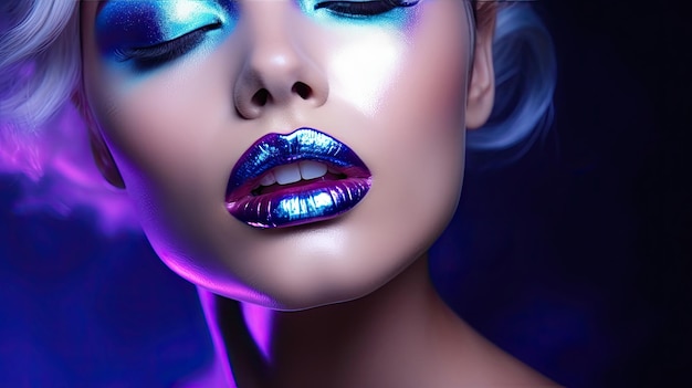 High Fashion model metallic zilveren lippen en gezicht vrouw in kleurrijke felle neon uv blauwe en paarse lichten poseren in studio mooi meisje gloeiende make-up kleurrijke make-up Glitter levendige neon make-up