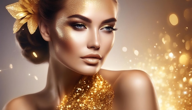 High Fashion model vrouw met heldere gouden glitters op de huid fantasie bloemportret van mooi