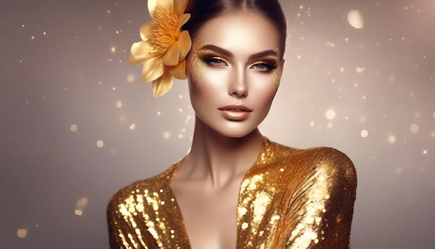 High Fashion model vrouw met heldere gouden glitters op de huid fantasie bloemportret van mooi