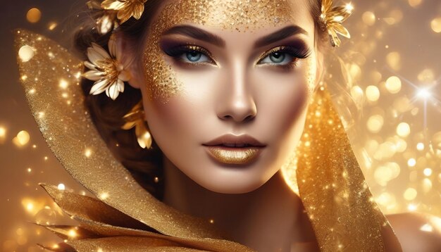 美しい肌のファンタジーの花の肖像画に明るい金色の輝きを持つハイ ファッション モデルの女性