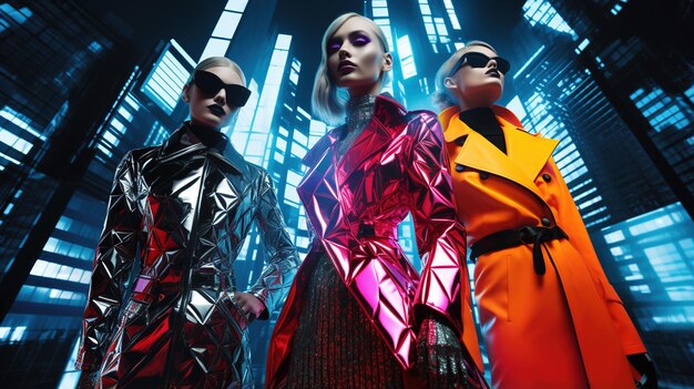 high fashion modellen gekleed in avantgarde kleding in een futuristische stad met neonlichten