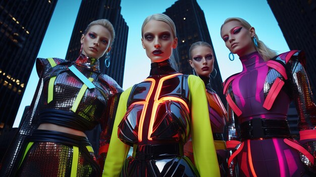 Photo high fashion models dressed in avantgarde clothing in a futuristic city with neon lights