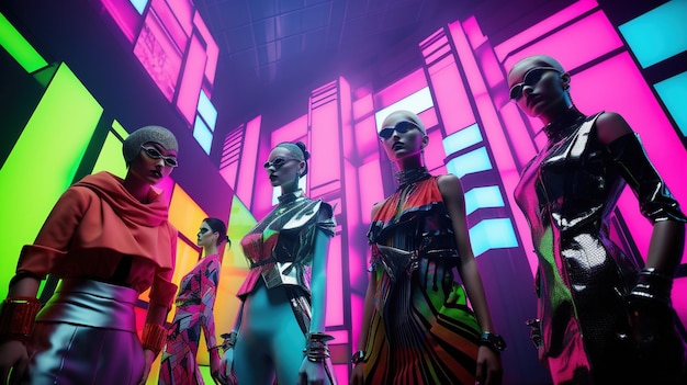 high fashion models dressed in avantgarde clothing in a futuristic city with neon lights