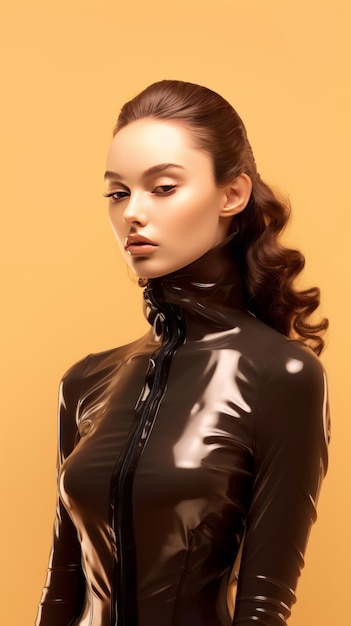 High fashion of perfect slim body beautiful face young elegant woman in latex dress on isolated