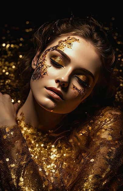 High fashion portrait image of a beautiful model with golden glitter powder