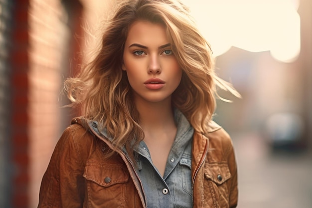 High fashion portrait of stylish beautiful woman in trendy jackets and jeans posing outdoor