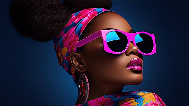 High fashion studio portrait of young african american woman with sunglasses