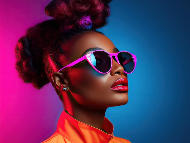 High fashion studio portrait of young african american woman with sunglasses