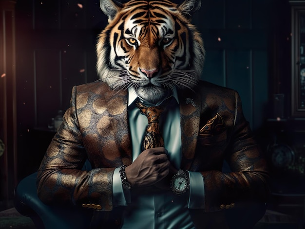 High fashion tiger businessman powerful presence possessed eyes brutal executive look ai generated