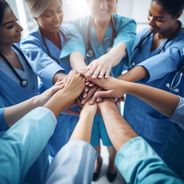 Foto cinque alti successi e medici che celebrano il lavoro di squadra collaborazione medica e supporto in un ospedale