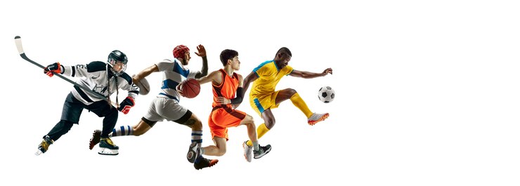 Photo high flight. young sportsmen running and jumping on white studio background. concept of sport, movement, energy, healthy lifestyle. training, practicing in motion. flyer. hockey, soccer, basketball.
