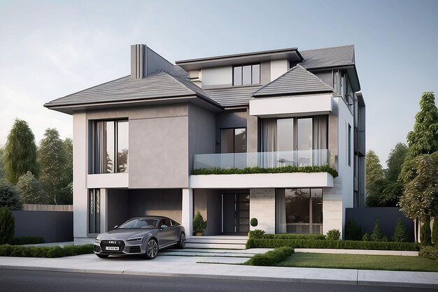 High grey house for large family with grey modern house exterior