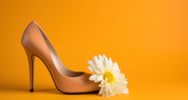 high heel pink high heeled shoes on beige with pink flowers on an orange background