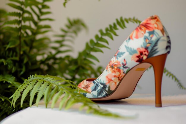 High heels with floral print beside a fern plant