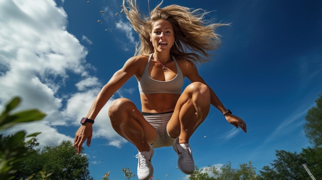 写真 高跳びの女性と運動のスポーツとアスリートが屋外で競争しています